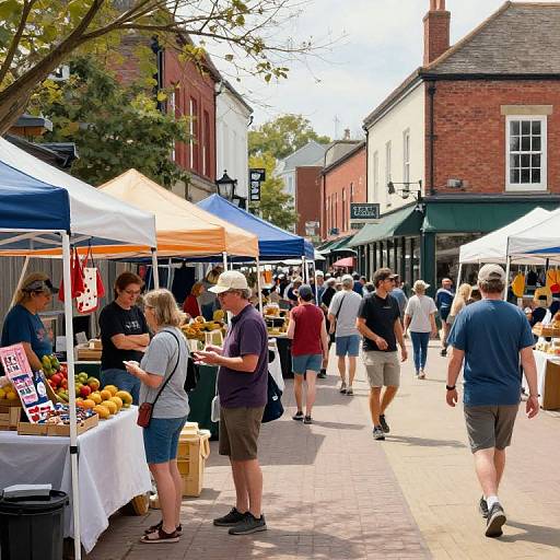 Photograph of a bustling outdoor market with colorful tents, diverse shoppers, and vendors selling fresh produce on a sunny day.
