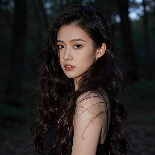 Photograph of an East Asian woman with long, wavy dark hair, wearing a black sleeveless top, standing in a dimly lit forest.