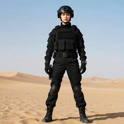 Photograph of a young Asian male in full black tactical gear, including helmet, vest, gloves, and boots, standing in a desert with clear blue