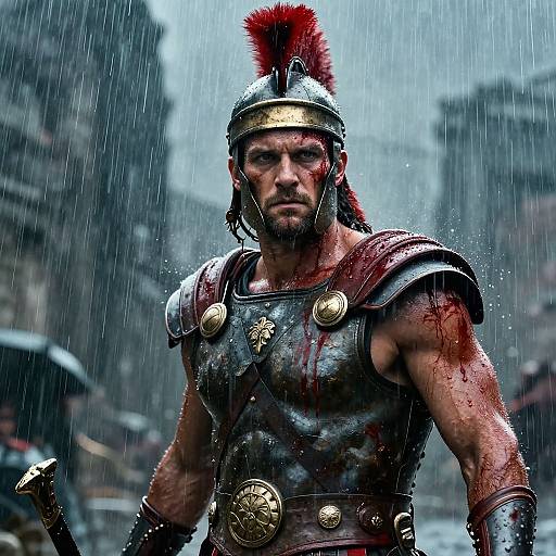 Photograph-style CGI of a muscular, blood-streaked male warrior in ancient Roman armor with a red plume, standing in a rainy, urban