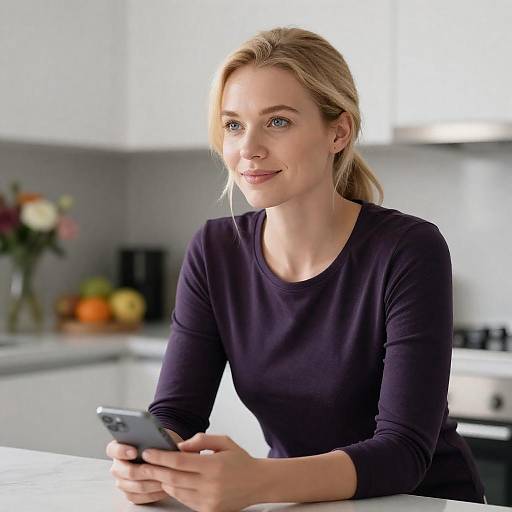 Blonde Woman at Sunlit Kitchen Counter