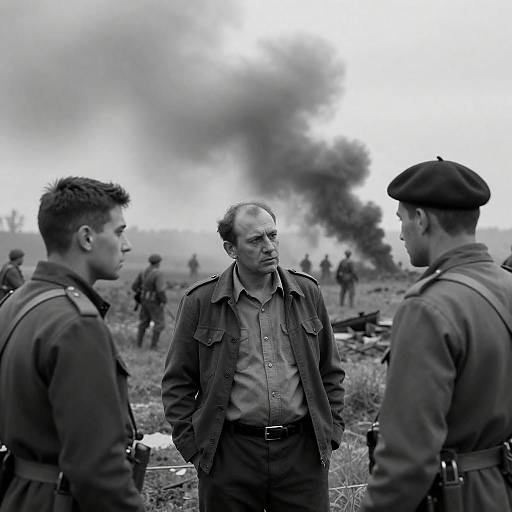 Three Soldiers in a War-Torn Field