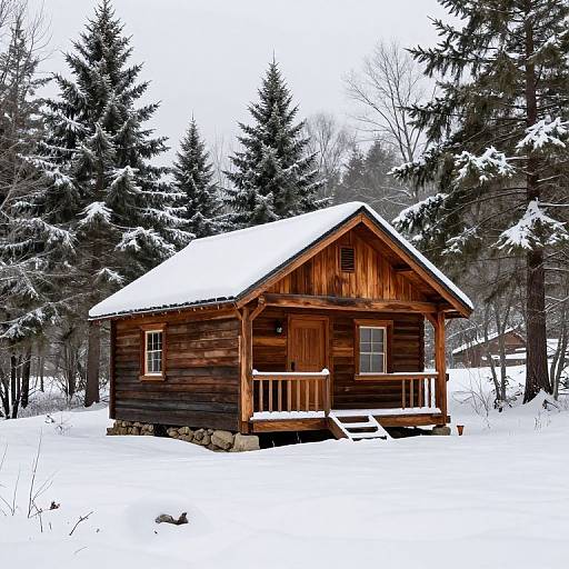 Photograph of a rustic, wooden cabin with a snow-covered roof, surrounded by snow-laden evergreen trees in a winter forest.