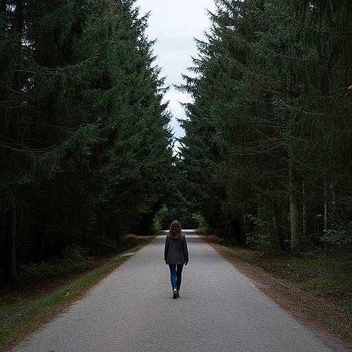 Photograph of a lone person with brown hair in a dark jacket and blue jeans walking down a forest path, surrounded by tall, dense evergreen trees