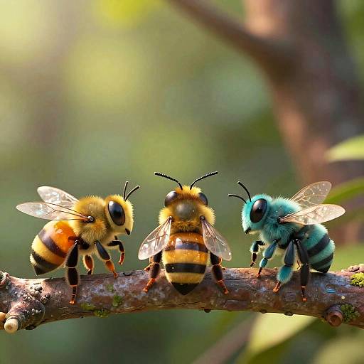 Animated Amber and Teal Bees on Branch