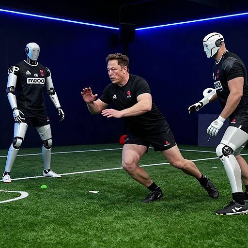 Photograph of a rugby practice with a human player and three robotic players in black uniforms on a green turf field, under blue-lit lights.