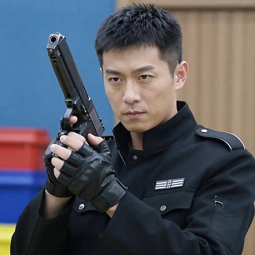 Intense Asian Man in Military Style