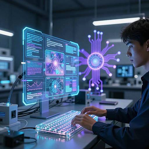 Photograph of a young man in a dark blue shirt typing on a glowing blue keyboard, focused on dual neon-lit computer screens in a futuristic,