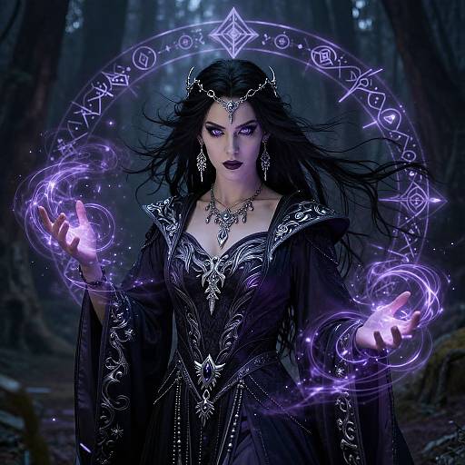 Digital artwork of a dark-haired, pale-skinned sorceress in an ornate black dress, conjuring purple magical circles in a forest, adorned