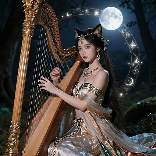 Digital artwork of an ethereal, cat-eared woman with long black hair, playing a golden harp under a full moon in a dark forest.