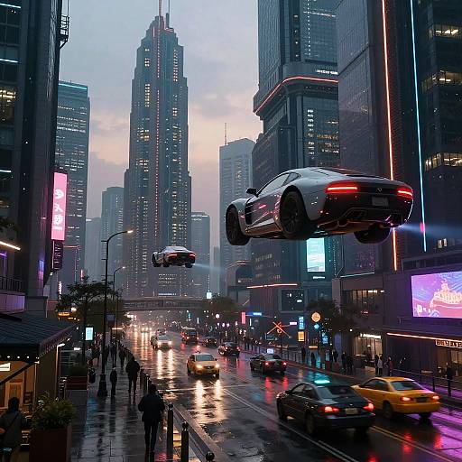 Futuristic Cyberpunk City with Flying Cars at Dusk