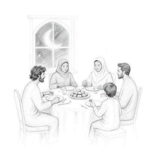 Black-and-white sketch of five people, three women in hijabs and two men, sitting around a table with a plate of fruit, near a window