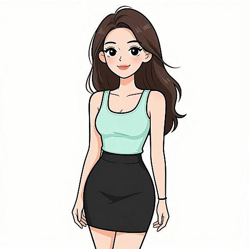 Digital anime-style drawing of a smiling young woman with long brown hair, wearing a light blue tank top and black skirt.