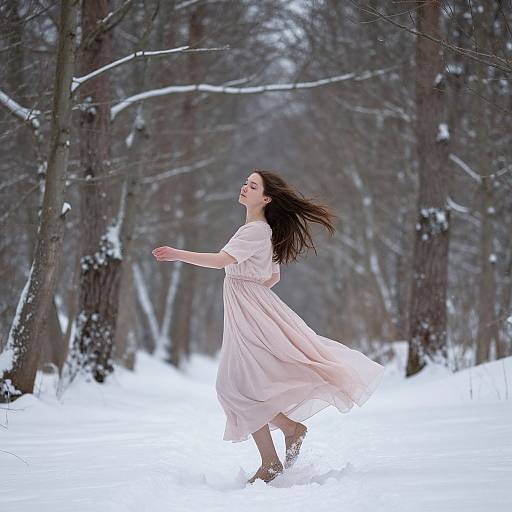 Photograph of a young woman with long brown hair, wearing a flowing pink dress, joyfully dancing in a snowy forest.