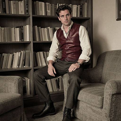 Photograph of a handsome man with short dark hair, wearing a maroon vest, white shirt, black pants, and boots, sitting on a gray