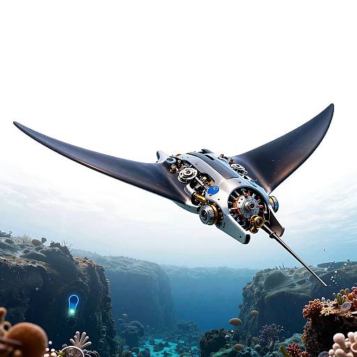 Digital artwork of a futuristic, sleek, shark-like aircraft with metallic details and jet engines, flying over a vibrant underwater coral reef.