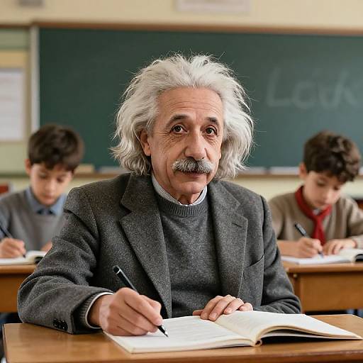 Photograph of an elderly man with white hair and mustache, wearing a dark blazer and gray sweater, writing in a notebook in a classroom with