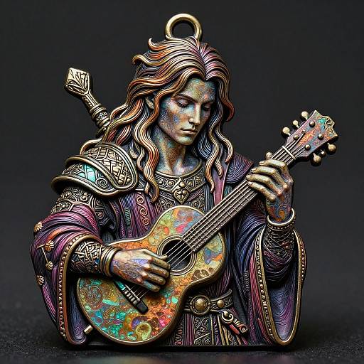 Colorful, intricately detailed bronze statue of a long-haired warrior with an ornate outfit, playing a multicolored acoustic guitar against a black background