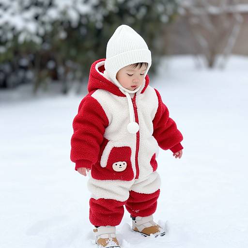 Child in Red Winter Outfit on Snow
