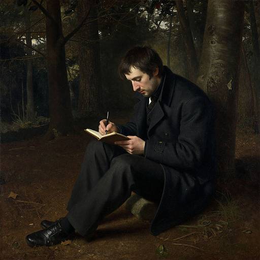 Photograph of a serious young man with dark hair, wearing a black coat and boots, sitting in a dark forest, writing in a notebook with a