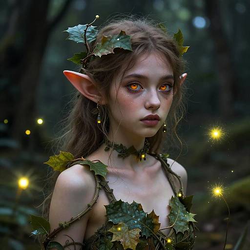 Digital fantasy artwork of a young, fair-skinned elf woman with glowing orange eyes, pointed ears, and leafy foliage adornments, surrounded by floating