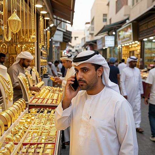 Photograph of a Middle Eastern man in a white thobe and kufi, talking on his phone, standing in a bustling gold market with numerous