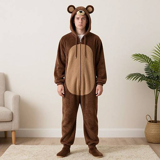 Photograph of a young man in a brown bear onesie with bear ears, a yellow nose, and a beige chest patch, standing in a minimalist