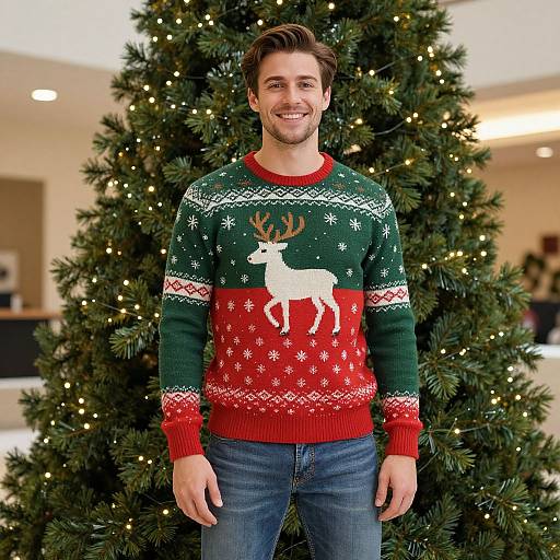 Photograph of a smiling man with brown hair wearing a green Christmas sweater with red and white reindeer pattern, standing in front of a decorated Christmas tree