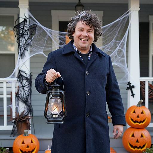 Photograph of a smiling man with curly brown hair, wearing a black coat, holding a lantern, in front of a Halloween-decorated porch with