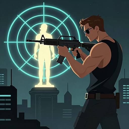 Cyberpunk Warrior Aiming at Neon Statue