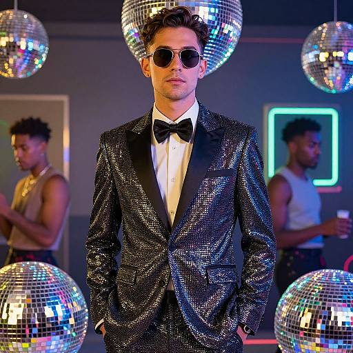 Photograph of a man in a black sequined tuxedo, black bow tie, and sunglasses, standing amidst reflective disco balls, with two shirt