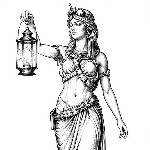 Ink-style drawing of a confident, topless woman with long hair, holding a lantern, wearing a skirt, arm bands, and headpiece.
