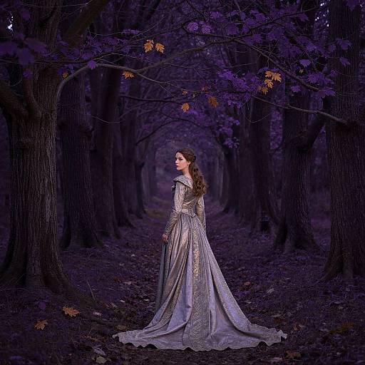 Photograph of a woman with long brown hair in a flowing, silver gown standing in a dark, purple-hued forest with tall trees and scattered autumn