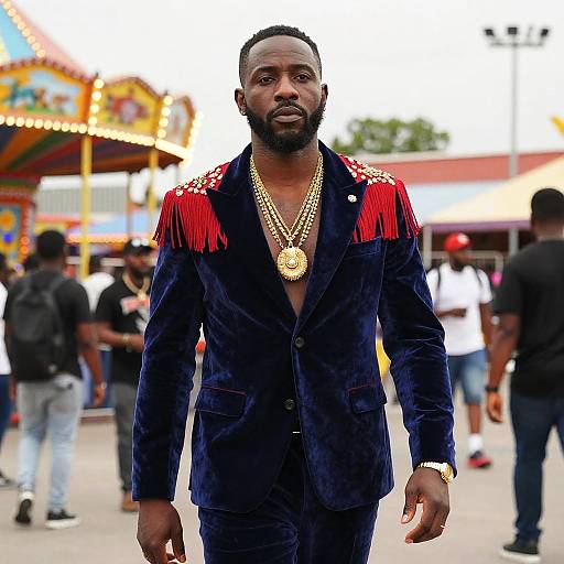 Photograph of a confident Black man with a beard, wearing a navy velvet blazer with red fringe epaulettes, gold chains, and a