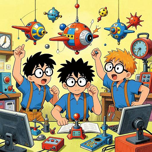 Colorful cartoon of three excited boys with black and orange hair, wearing blue shirts and brown suspenders, surrounded by flying toy airplanes and vintage electronics in