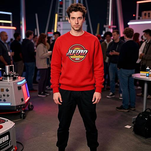 Photograph of a young man with short curly brown hair, wearing a bright red 
