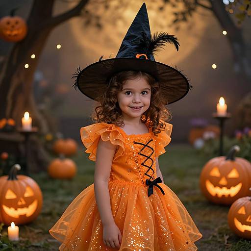 Photograph of a curly-haired young girl in an orange, sparkly Halloween dress and black witch hat, surrounded by glowing jack-o'-lanterns