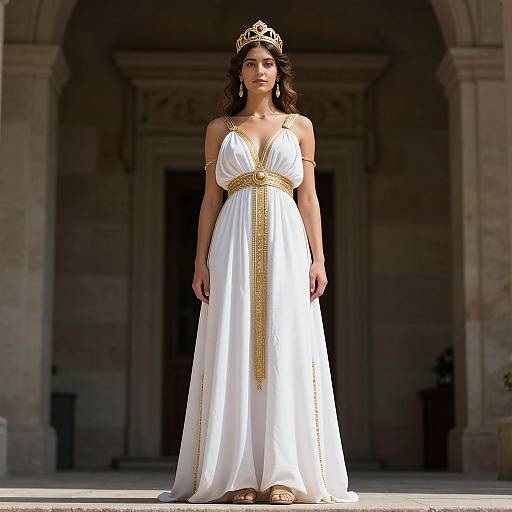 Photograph of a young woman with olive skin, dark wavy hair, wearing a white Grecian-style dress with gold trim, a gold crown