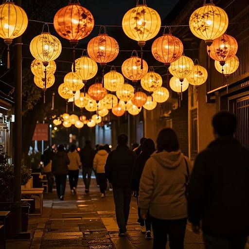 Photograph of a nighttime street illuminated by numerous glowing, orange paper lanterns hanging overhead, with silhouetted pedestrians walking below.