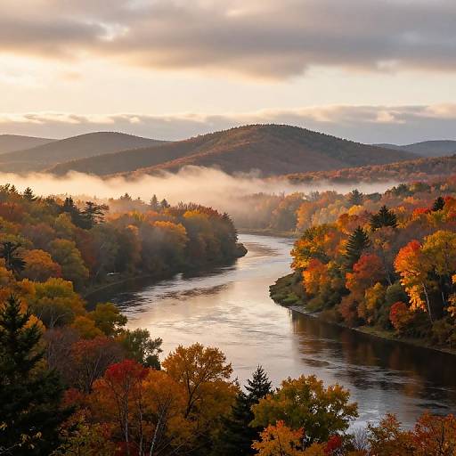 Autumn Landscape with River and Mist at Dawn
