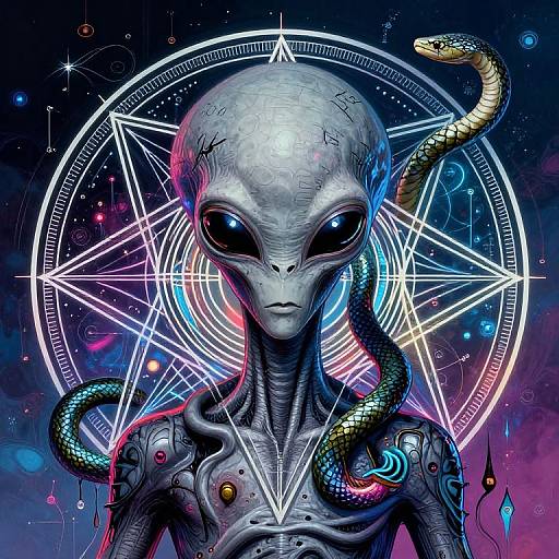Digital art of an alien with large black eyes, gray skin, and a snake on its shoulder, standing before a glowing, star-filled, circular magical