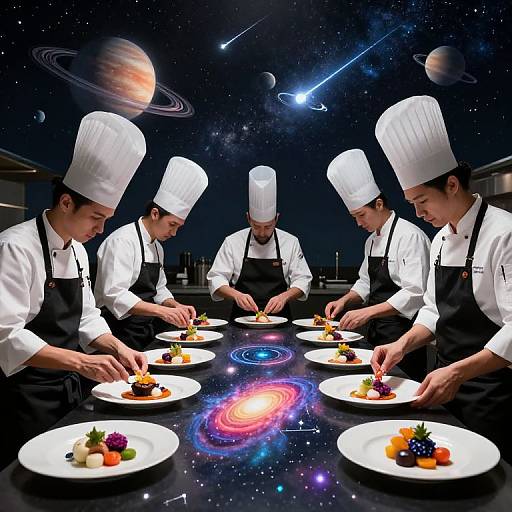 Five male chefs in white uniforms and hats, plating intricate dishes on a starry galaxy-themed table, with planets and nebulas in the background