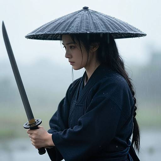 Photograph of a serious East Asian woman in black kimono, holding a katana, wearing a traditional conical hat, rainy background.