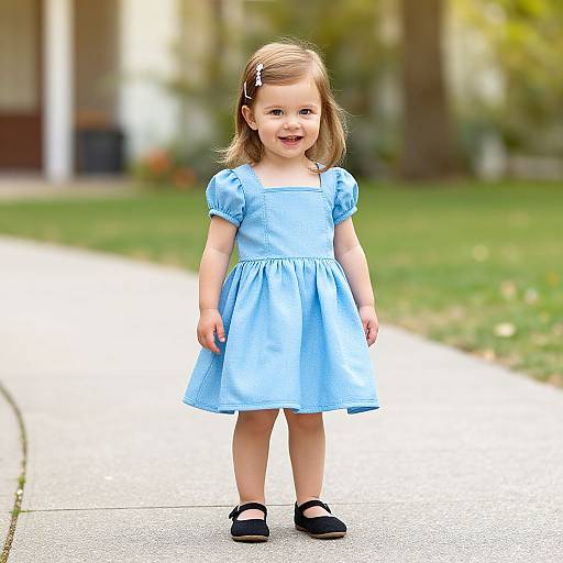 Photograph of a smiling young girl with light brown hair, wearing a blue dress and black shoes, standing on a sidewalk in a sunny, green park