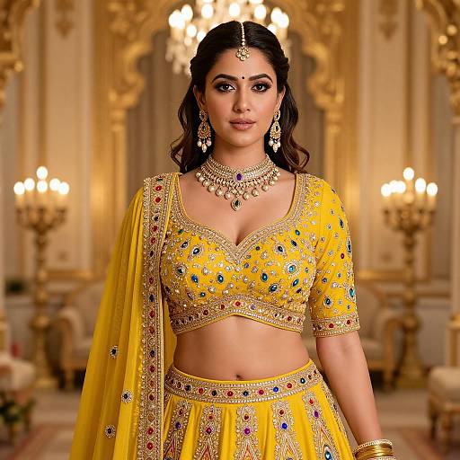 Photograph of a beautiful South Asian woman in a vibrant yellow, intricately embroidered traditional outfit with gold jewelry, standing in an opulent, ornately