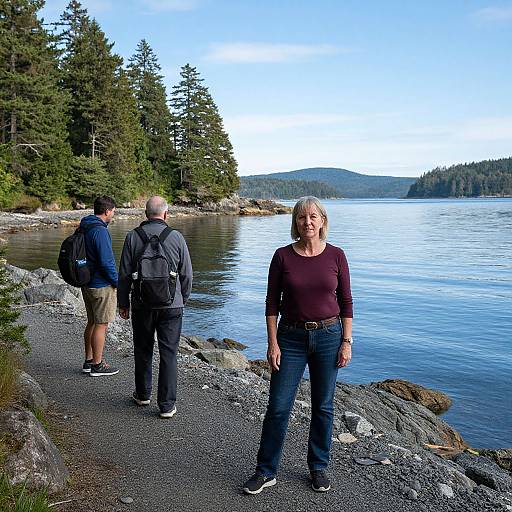 Photograph of a middle-aged woman with gray hair, wearing a maroon long-sleeve shirt and jeans, standing on a rocky lakeside path