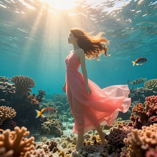 Photograph of a woman in a flowing pink dress standing underwater, surrounded by coral reefs and fish, with sunlight filtering through the water above.