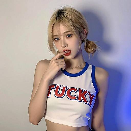 Seductive Blonde Woman in Looney Tunes Top