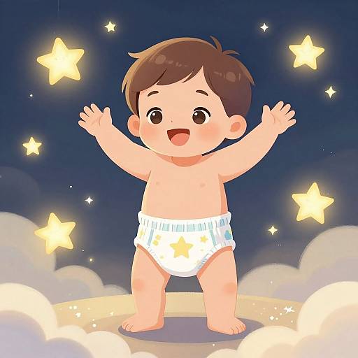 Digital illustration of a smiling, brown-haired baby with open arms, wearing a white diaper with yellow stars, standing on a cloud under a starry night