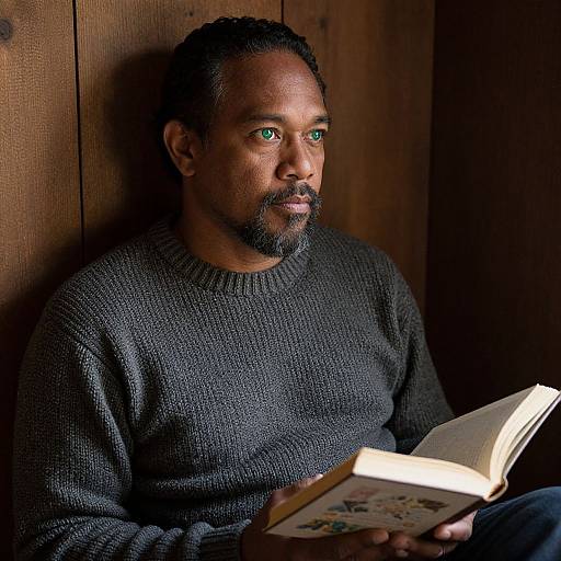 Photograph of a dark-skinned man with short black hair and beard, wearing a gray knit sweater, reading a book against a wooden wall. His